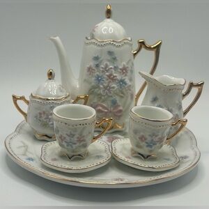 Minature Floral Tea Set with Gold Accents